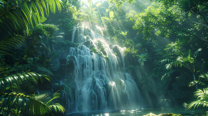 A hidden tropical waterfall surrounded by dense jungle foliage, with sunlight streaming through the canopy.