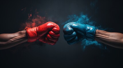 Intense boxing duel red and blue gloves exchange punches on dark misty background
