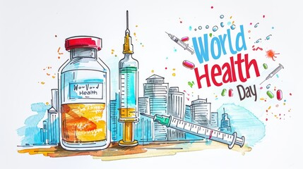 Vibrant Artwork Celebrating World Health Day with Medical Supplies and Cityscape