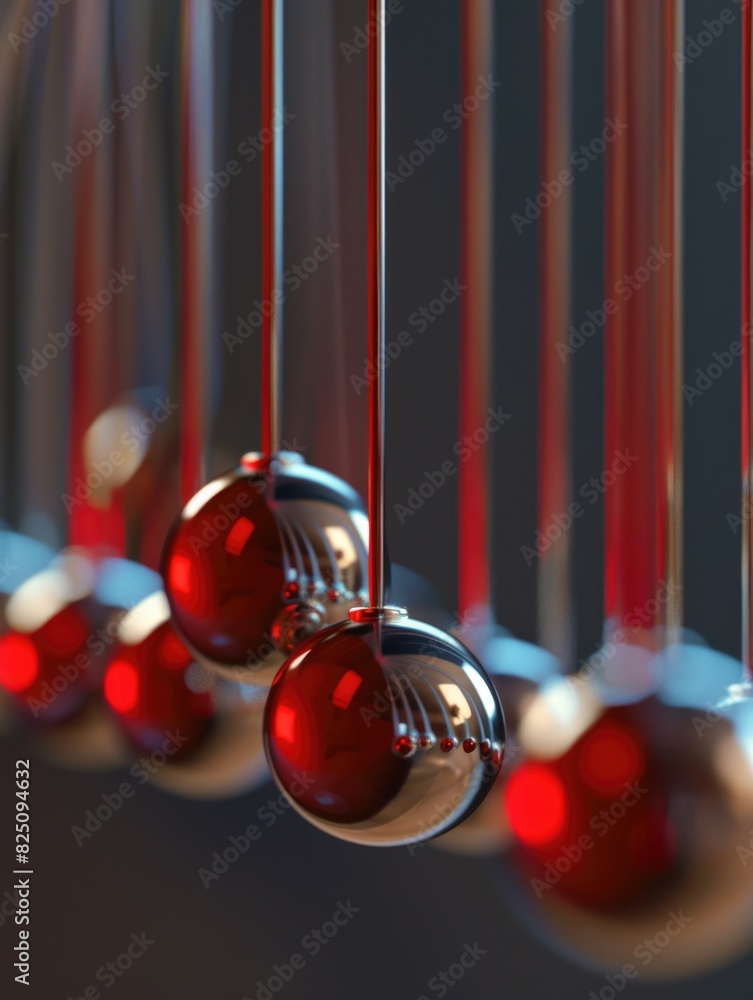 Poster a row of red and silver balls hanging from a string. the balls are all different sizes and are suspe