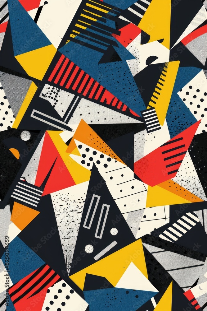 Poster a colorful abstract design with triangles and squares. the design is made up of different shapes and