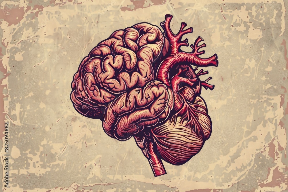 Poster a brain with a heart in the middle. the brain is red and the heart is red and white