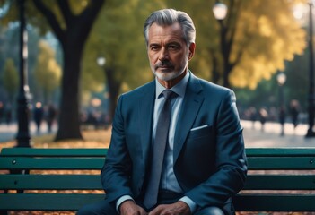 Fototapeta premium Middle-aged man in a suit sits on a bench 