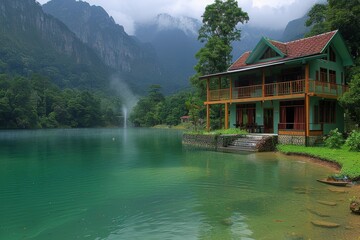Obraz premium House Overlooking Lake and Forest