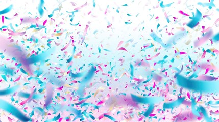 Fototapeta premium A colorful explosion of confetti is scattered across the sky. The confetti is in various shades of blue, pink, and purple, creating a vibrant and festive atmosphere. Concept of joy and celebration