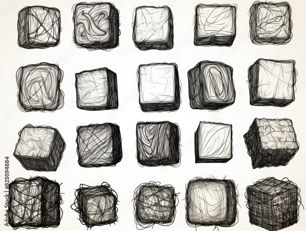 Poster a series of black and white drawings of various shapes and sizes. the drawings are all over the imag