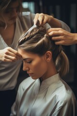 Naklejka premium A woman with her hair being styled by a stylist. The stylist is using a comb to style the woman's hair