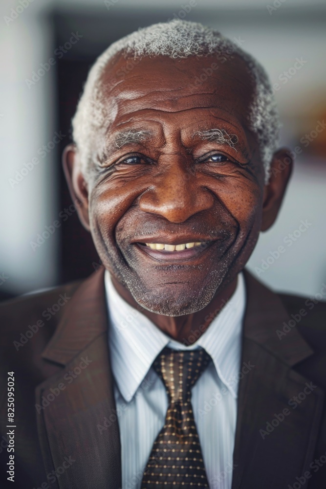 Poster a man in a suit and tie is smiling and looking at the camera. he is happy and content