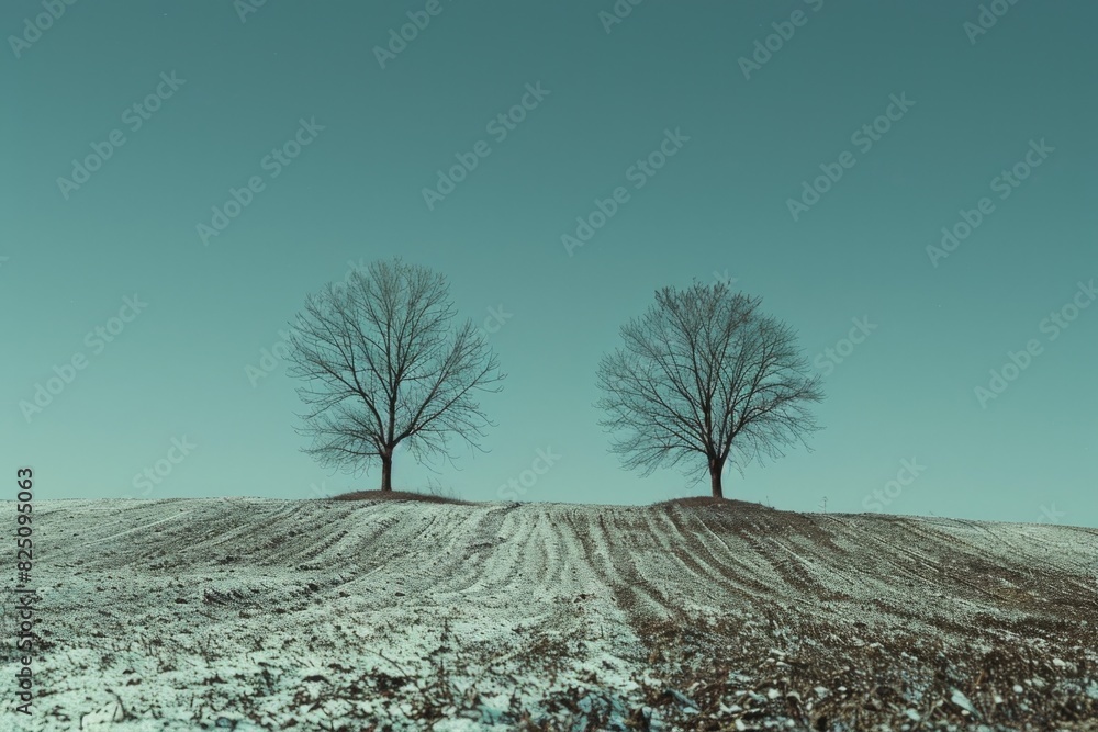 Poster two trees are standing in a field with a blue sky in the background