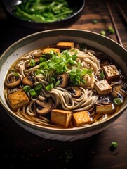 A bowl of soup with noodles, mushrooms, and tofu. The bowl is on a wooden table