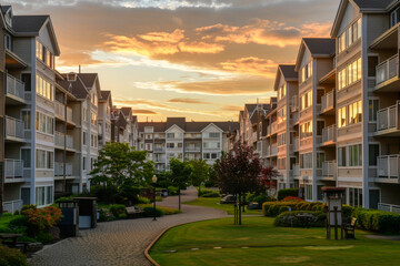 A row of apartment buildings with a park in between