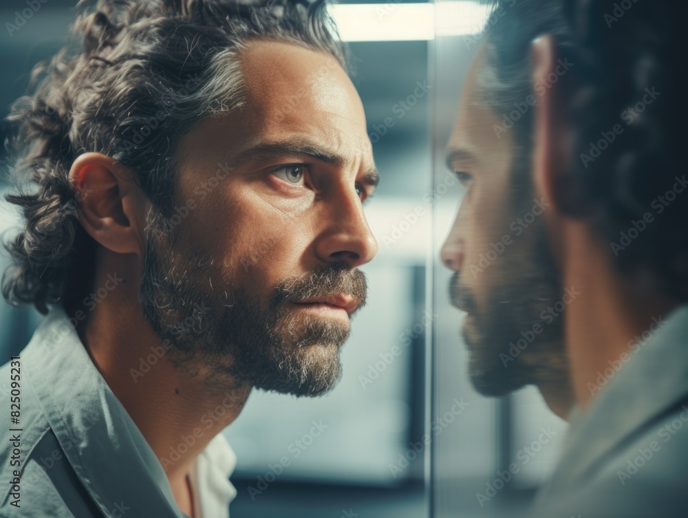 Poster a man with a beard and gray hair is looking at his reflection in a mirror. concept of introspection 
