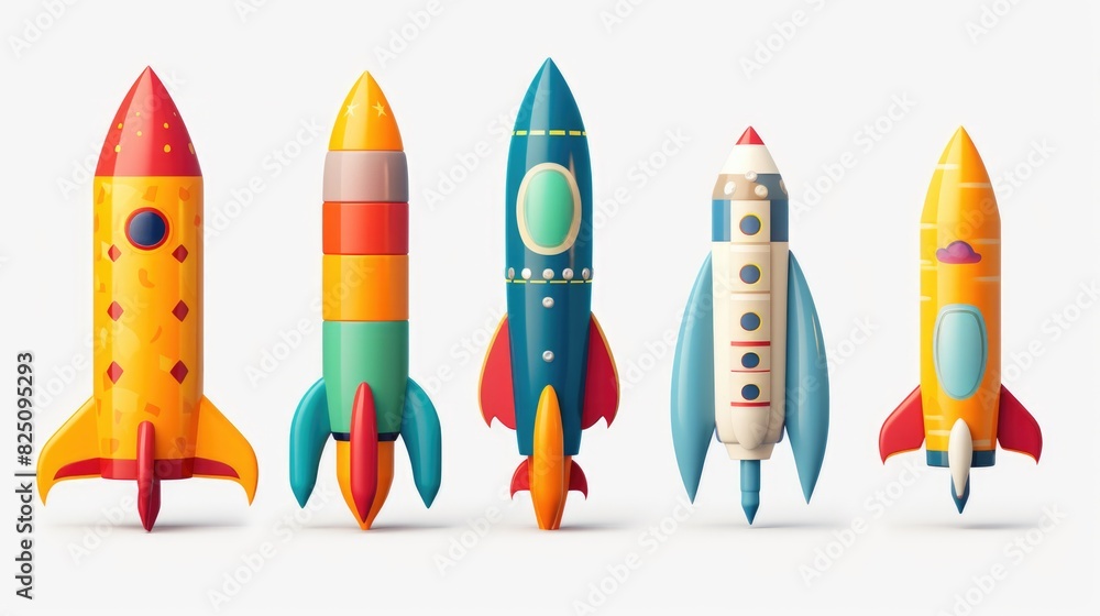 Poster a row of colorful rockets are lined up on a white background. the rockets are of different sizes and