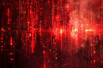 A dark, abstract background explodes in a vibrant red rain of data and code. Glowing digital lines and sparkling lights evoke a futuristic technology concept.