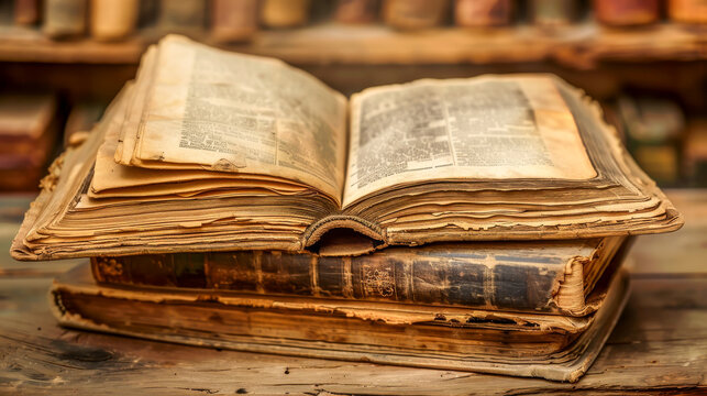 A stack of old books with a book open to a page with a word on it
