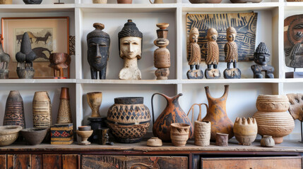A shelf full of various vases and bowls, some of which are old