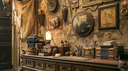 A room with a lot of old items on a table, including a globe and a bookcase
