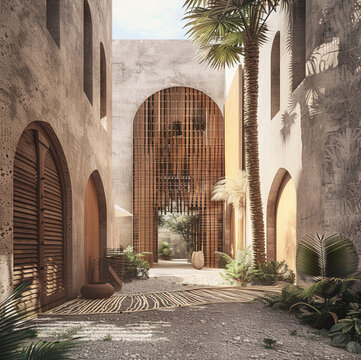 office building in Saudi Arabia, showcasing minimalist vernacular architecture. rust wooden door, white clay texture, and rope. natural materials like adobe, wood, and stone