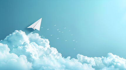 White paper plane flying on blue sky background , generative ai