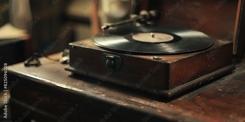Poster a record player sits on a wooden table. the record player is old and has a black record on it