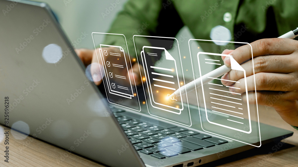 Aufkleber businessman signs an electronic document on a digital document on a virtual notebook screen using a 