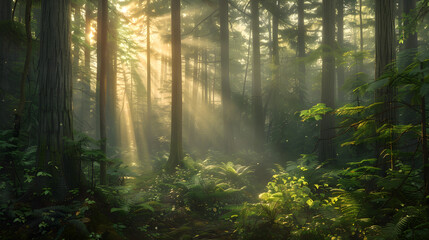 Mystical Morning in a Serene Forest: Nature's Tranquility Illuminated by Golden Sun Rays