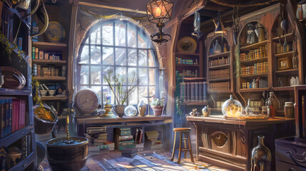 Obraz premium A room with a window and a desk with a clock on it