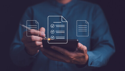 Checklist concept, Businessman mark checkboxes, Survey form, check marks on checklist, filling online form and answering questions. List options business employee security procedures followed office.
