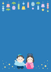 Fototapeta premium 七夕のかわいいフレーム背景素材、彦星と織姫と笹飾りのベクターイラスト