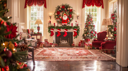 A living room with a fireplace and a wreath with a santa Claus on it