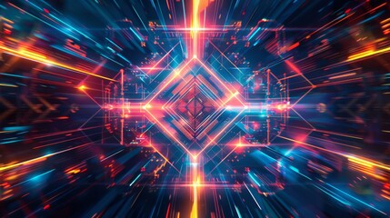 A colorful, neon background with a blue and red cross