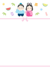 七夕のフレーム、彦星と織姫と笹飾りとリボンのベクターイラスト06