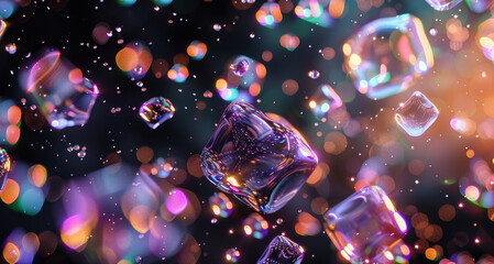 Floating crazy like water random minimal 3D shapes in minimal colors and technical textures glow in black background. include refracting light, rainbow colors. Generative AI.