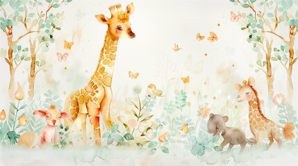 Step into a magical nursery where walls come alive with enchanting watercolor depictions of baby animals, including a majestic giraffe. 
