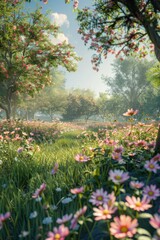 A beautiful field of flowers with a few trees in the background