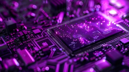 A computer chip is shown in a purple hue