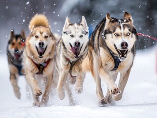 Four dogs are running in the snow, with one of them having a blue collar. The dogs are wearing harnesses and are pulling a sled. The scene is lively and energetic