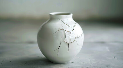 A broken white vase with a crack in it
