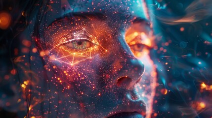 A woman's face is lit up with bright orange lights, creating a surreal