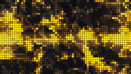 Gold mosaic background in technology concept. Abstract multicolored LED squares. Technology digital square yellow color background. Bright pixel grid background. Vector background
