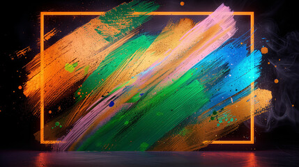Energetic Green and Orange Brush Strokes with Neon Frame on Dark Background - Ideal for Bold Artistic Projects, Creative Designs, and Visual Art