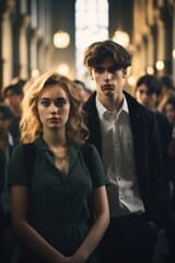 A man and a woman stand in a crowd, both wearing black and white