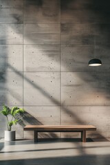 A wooden bench sits in front of a wall with a plant. The room is empty and the bench is the only piece of furniture