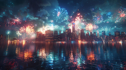 A panoramic view of a city skyline illuminated by a spectacular fireworks show, creating a festive and celebratory atmosphere.