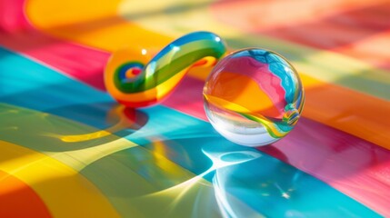 Colorful Abstract Art with Glass Orb and Curved Glass Sculpture on Striped Background in Sunlight