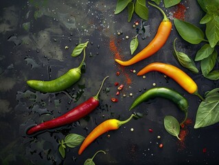 A bunch of peppers are on a black background. The peppers are of different colors and sizes. The peppers are arranged in a way that they look like they are growing out of the ground - Powered by Adobe