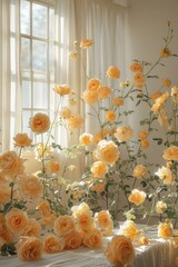 yellow flower roses white wedding minimalistic dreamy room with table and window, ai