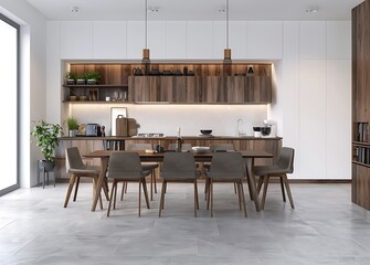 Modern kitchen interior with dining table and chairs