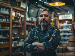 Fototapeta premium A man with a beard and a plaid shirt stands in a store. He is smiling and looking at the camera