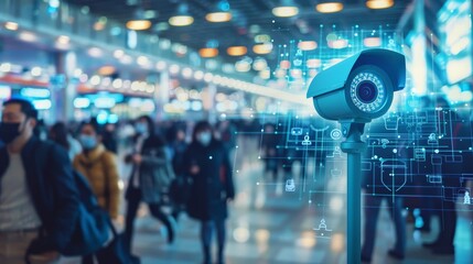 Obraz premium Hologram of cctv camera and facial recognition icons on airport background with crowd, security technology concept for business class lounge or travel terminal. double exposure photo. Generative AI.